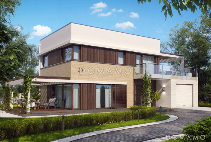 Проект современного двухэтажного дома из кирпича с плоской крышей с кабинетом, гаражом и крытыми террасами на обоих уровнях, адаптированный для сейсмозоны