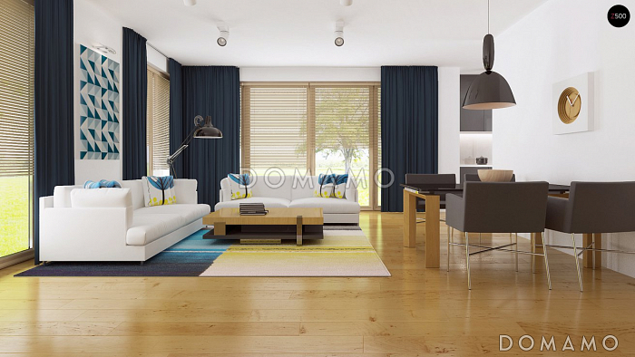 Проект современного одноэтажного дома с плоской крышей из газобетона с тремя спальнями и панорамным остеклением гостиной 