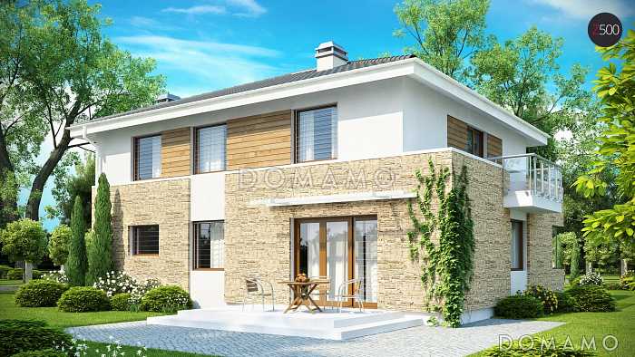 Проект современного двухэтажного дома из кирпича с четырьмя спальнями, балконом и встроенным гаражом