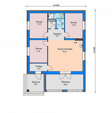 Проект загородного дома с верандой, просторной кухней-столовой, кладовой, жилыми комнатами / План 1 этажа