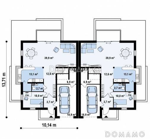 Проект современных мансардных домов-близнецов из газобетона с гаражом, слуховым окном и балконом / План 1 этажа