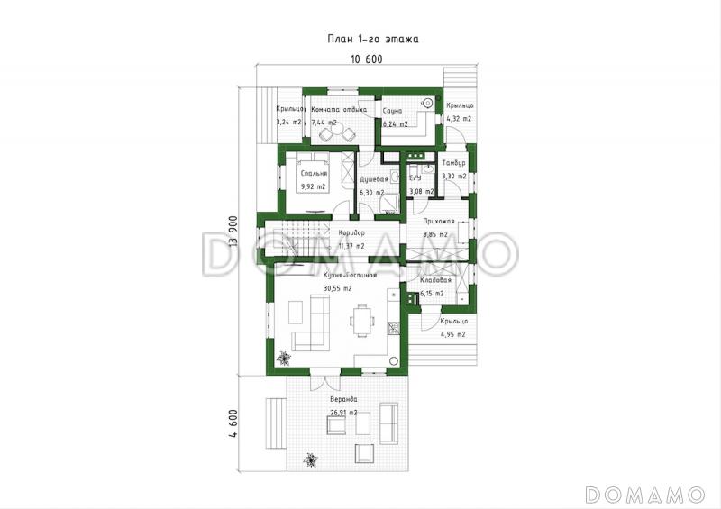 Проект коттеджа с мансардой, двусветной гостиной, сауной и верандой / План 1 этажа