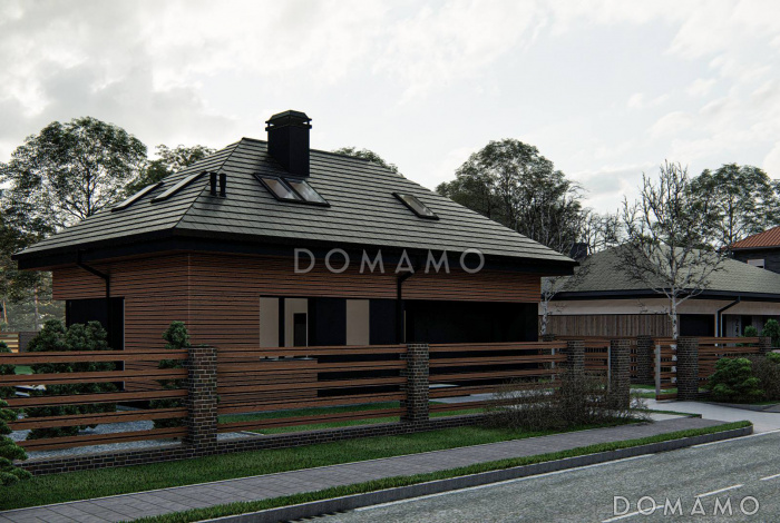 Проект комфортного одноэтажного загородного дома с мансардой, гаражом, санузлом на первом этаже, просторной дневной зоной