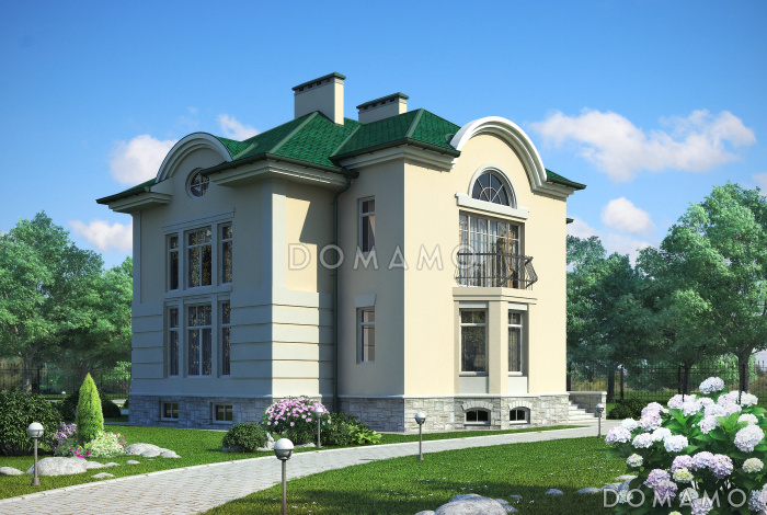 Проект дома с бассейном, сауной, спортзалом в цокольном этаже, гаражом на две машины, столовой с эркером, спальней на первом этаже, вторым светом, балконами