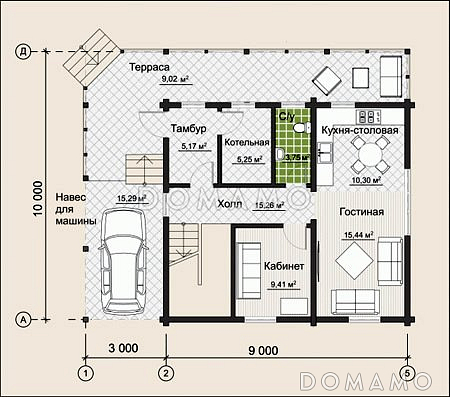 Проект дома из клееного бруса с навесом для одного авто / План 1 этажа