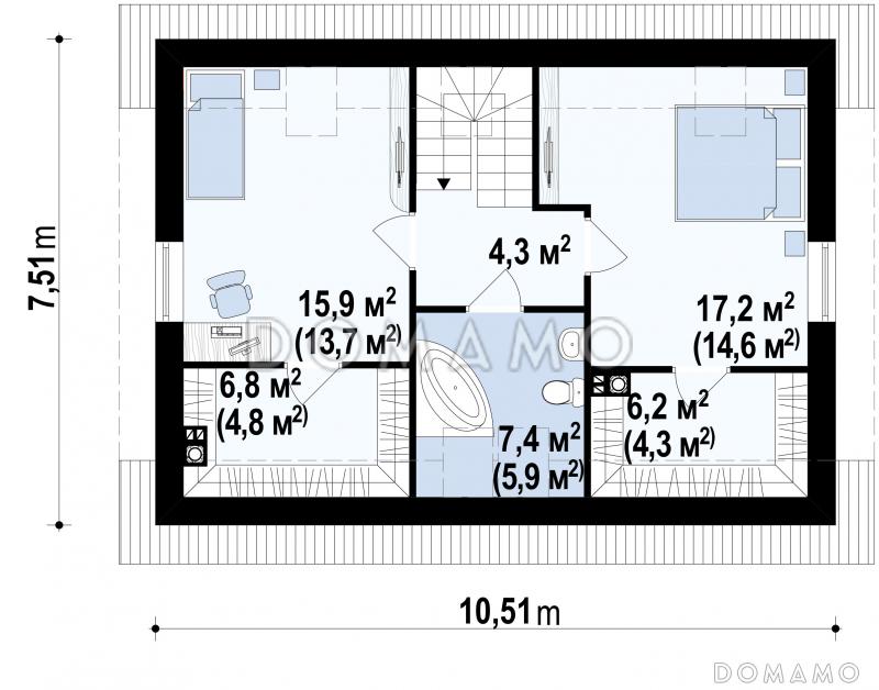 Проект простого одноэтажного мансардного дома из кирпича с тремя спальнями и индивидуальными гардеробными / План мансардного этажа