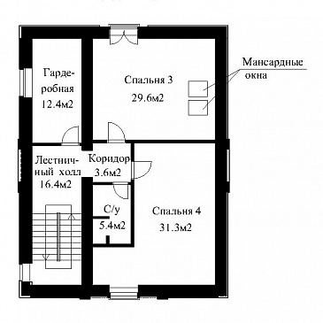 Проект большого кирпичного коттеджа с верандой, сауной и СПА-залом / План мансардного этажа