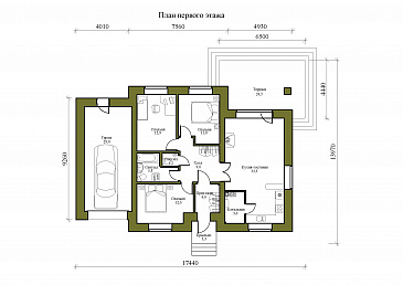 Проект одноэтажного газобетонного дома с тремя спальнями, гаражом и террасой / План 1 этажа