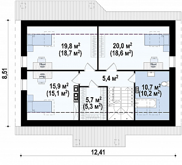 Проект мансардного дома из газобетона с острой крышей, с тремя спальнями и небольшой крытой террасой / План мансардного этажа