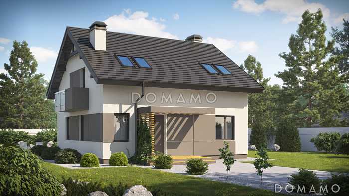 Проект современного загородного дома с террасой, кухней с кладовой, тремя спальнями с балконами на мансарде