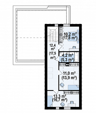 Проект компактного дома с двухскатной крышей, гаражом, просторной гостиной, кладовой в кухне / План мансардного этажа