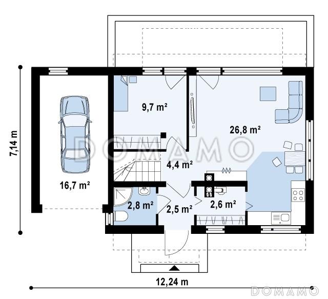 Проект одноэтажного дома из кирпича с мансардным этажом, светлой гостиной и гаражом для автомобиля / План 1 этажа