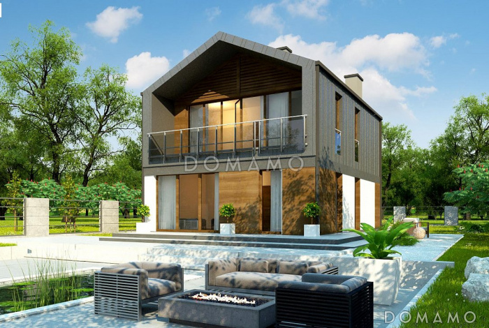 Проект компактного одноэтажного мансардного дома из кирпича с тремя спальнями, кабинетом и террасой на втором этаже