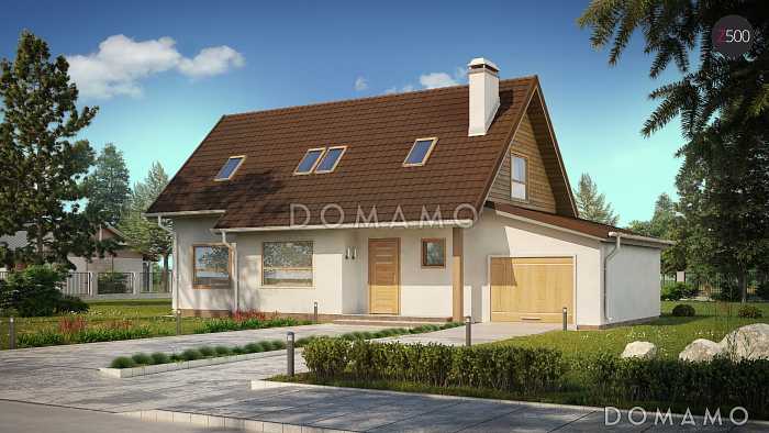 Проект традиционного мансардного дома из газобетона с дополнительной спальней на первом этаже и гаражом