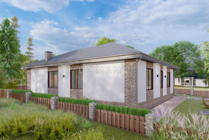 Проект одноэтажного коттеджа с сауной и крытой террасой