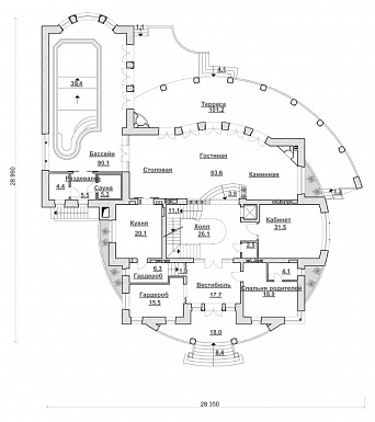 Проект коттеджа с бассейном и стеклянным куполом / План 1 этажа
