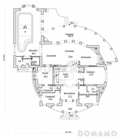 Проект коттеджа с бассейном и стеклянным куполом / План 1 этажа