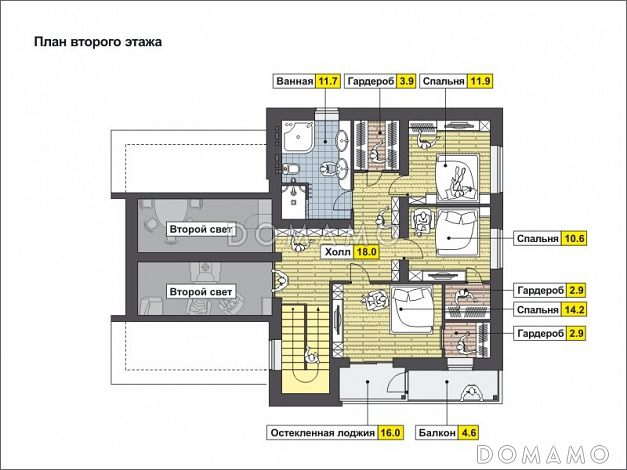 Проект дома с крытой террасой, гостиной с камином, большой кладовой, спальней на первом этаже, вторым светом, остекленной лоджией и балконом / План мансардного этажа