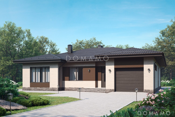 Проект одноэтажного дома с гаражом, террасой, детскими комнатами, просторной гостиной