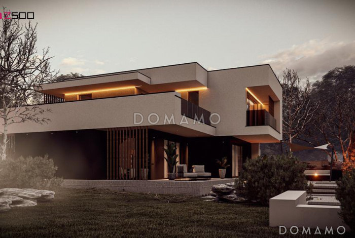 Проект современного дома с гаражом для автомобиля, кабинетом, террасой на втором этаже