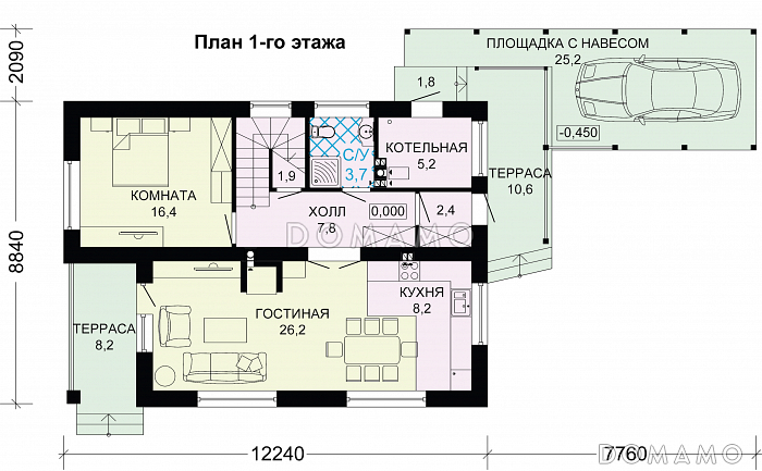 Проект  стильного дома из пеноблоков  с навесом для машины / План 1 этажа