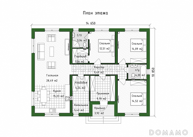 Проект уютного дома с мастер-спальней, большой гостиной и просторной гардеробной / План 1 этажа