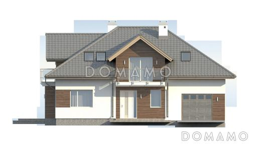 Проект просторного одноэтажного мансардного коттеджа из кирпича с гостевой спальней на первом этаже, кабинетом и гаражом / Фасад 1