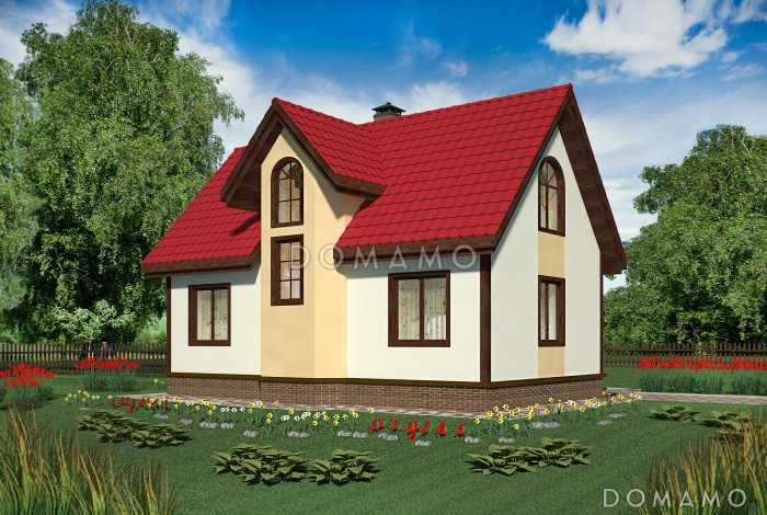 Проект небольшого дома из газобетона с большим крыльцом и эркером.