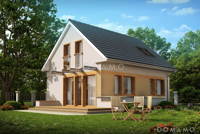 Проект компактного одноэтажного мансардного дома из кирпича с дополнительной спальней на первом этаже и тремя спальнями на мансарде