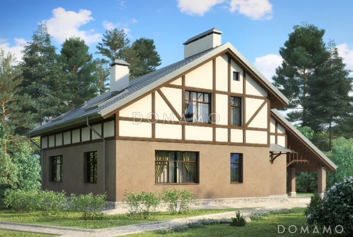 Проект дома в стиле фахверк с двусветной гостиной и навесом для машины