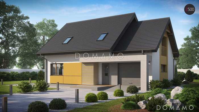 Проект одноэтажного мансардного дома из газобетона с большой гостиной, гаражом и частично крытой террасой