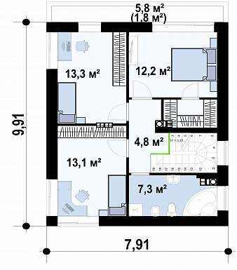 Проект загородного дома с подвалом, вытянутой кухней с кладовой, светлыми спальнями на втором этаже / План 2 этажа