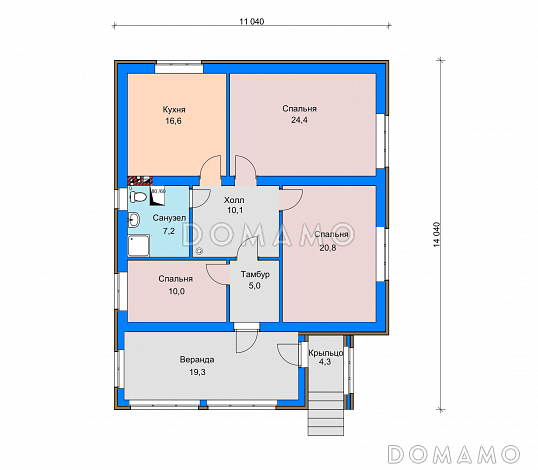 Проект загородного дома с верандой, изолированной кухней, санузлом с окном / План 1 этажа