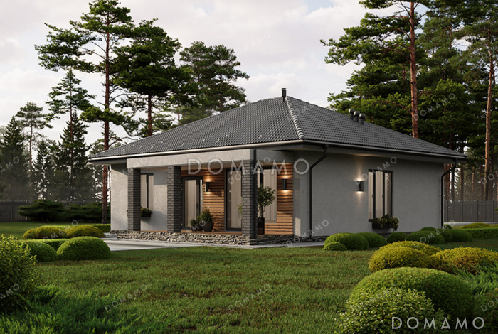 Проект компактного одноэтажного дома с вальмовой кровлей, крытой террасой, тремя спальнями и большой открытой зоной кухни-гостиной