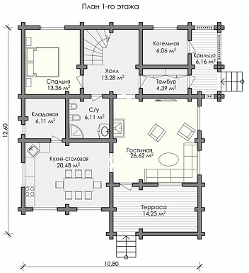 Проект большого и просторного дома, включающего в себя два этажа / План 1 этажа