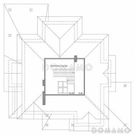 Проект особняка в трех уровнях, с комнатой отдыха на чердаке, с мастерской, гаражом и навесом под автомобиль / План мансардного этажа