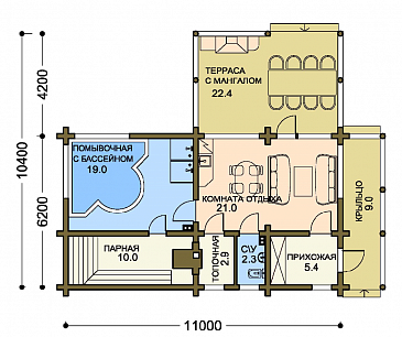 Проект бани с террасой и бассейном / План 1 этажа