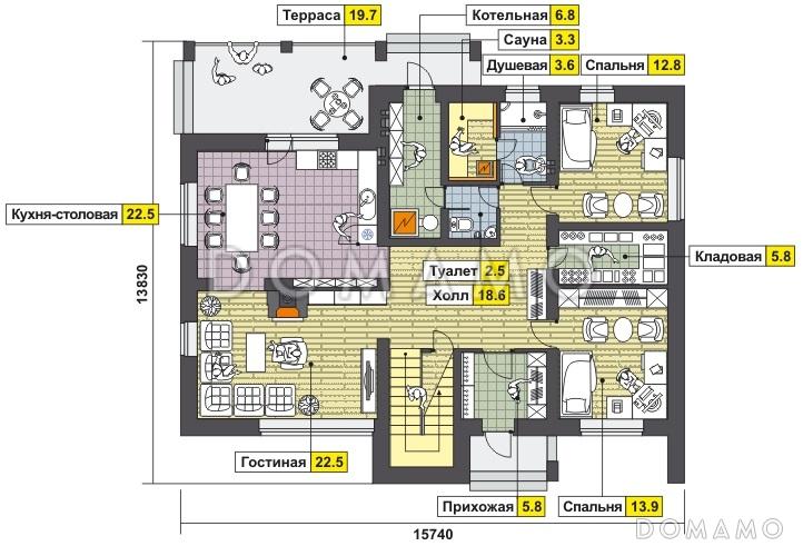 Проект дома с крытой террасой, сауной и душевой, двумя спальнями на первом этаже, гостиной с камином, балконом, вторым светом / План 1 этажа