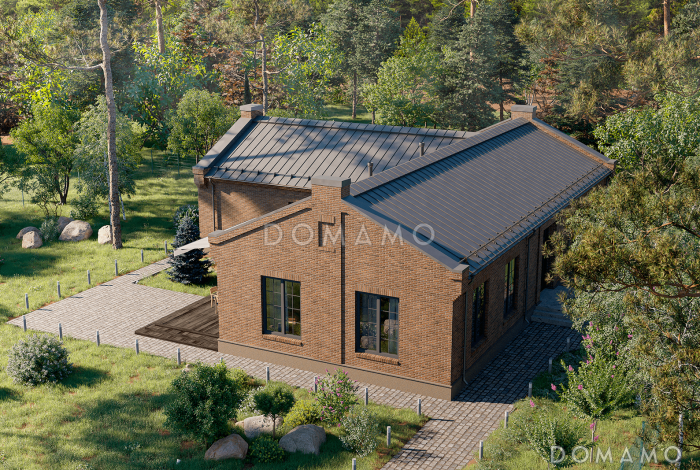 Проект Г-образного дома с 5 комнатами, просторной гостиной-столовой и террасой