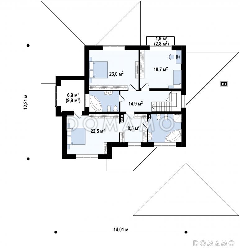 Проект дома с гаражом на 2 машины, большой гостиной, проходом на кухню из прихожей, отдельным входом в котельную / План 2 этажа