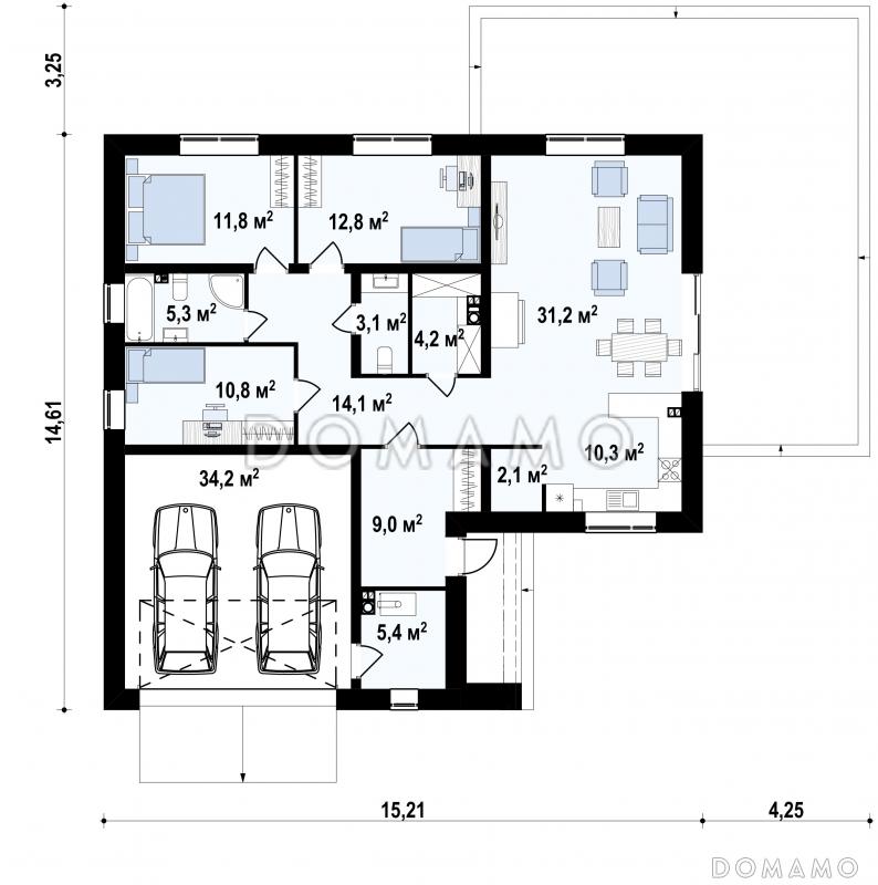 Проект углового одноэтажного дома из газобетона с облицовкой классических фасадов деревянной вагонкой и с гаражом на два автомобиля / План 1 этажа
