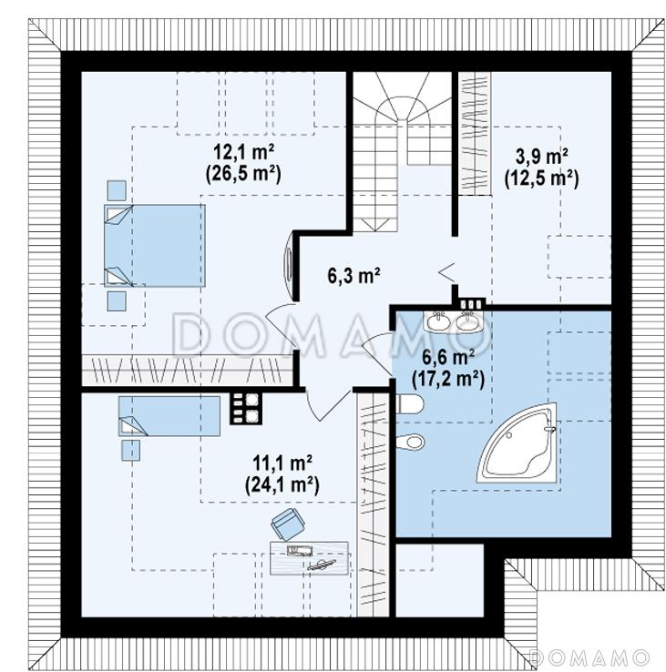 Проект одноэтажного дома из кирпича с двумя спальнями и крытой террасой с жилой мансардой / План мансардного этажа