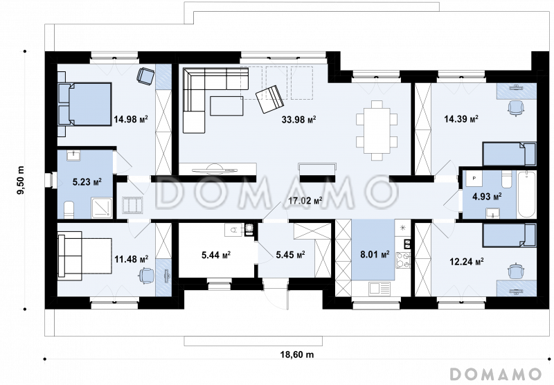 Проект кирпичного дома в стиле барнхаус с 4 спальнями и большой гостиной / План 1 этажа