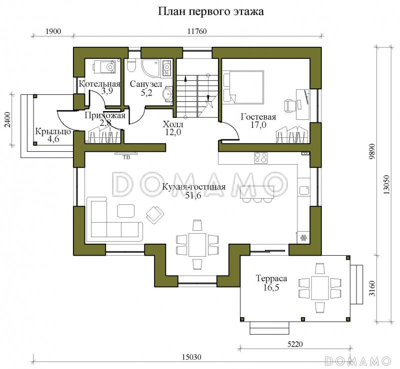 Проект двухэтажного каркасного дома со вторым светом и детской на втором этаже / План 1 этажа