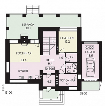 Проект двухэтажного дома из пеноблоков с гаражом и большой крытой террасой / План 1 этажа