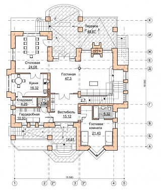 Проект коттеджа в стиле шале с двусветной гостиной / План 1 этажа