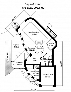 Проект современного бассейна со сложной формой  / План 1 этажа