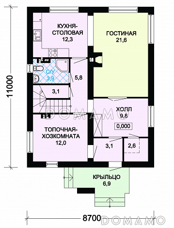 Проект  дома из пеноблоков с мансардой / План 1 этажа