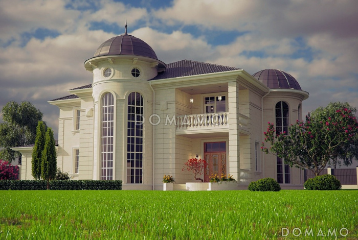 Проект двухэтажного дома в византийском стиле из газобетона с двумя круглыми эркерами и гаражом