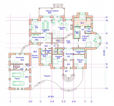 Проект просторного коттеджа с гаражом и хоз блоком / План 1 этажа